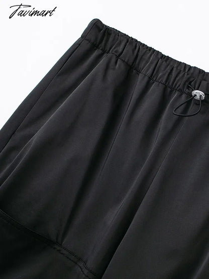 Drawstring Elastic Waist Cargo Pants Women Crease Detail Leg Adjustable Hem Baggy Pants With Pocket Satin Effect Black Trousers
