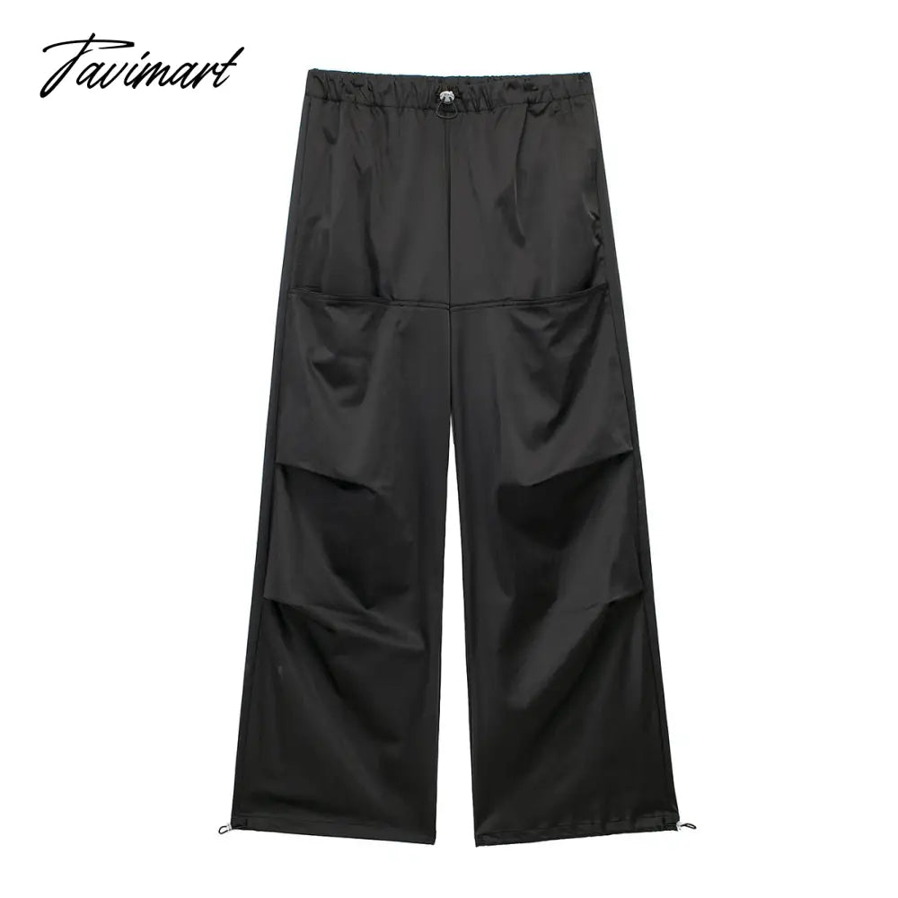 Drawstring Elastic Waist Cargo Pants Women Crease Detail Leg Adjustable Hem Baggy Pants With Pocket Satin Effect Black Trousers