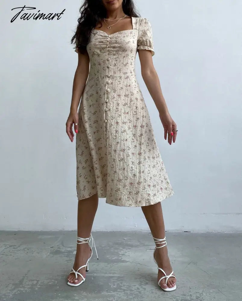 Dresses Floral Print Bubble Short Sleeve Vintage Print Women's Dress Square Neck A-Line Long Summer Dress Boho Festive Dres