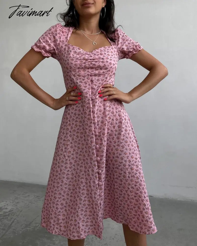 Dresses Floral Print Bubble Short Sleeve Vintage Print Women's Dress Square Neck A-Line Long Summer Dress Boho Festive Dres
