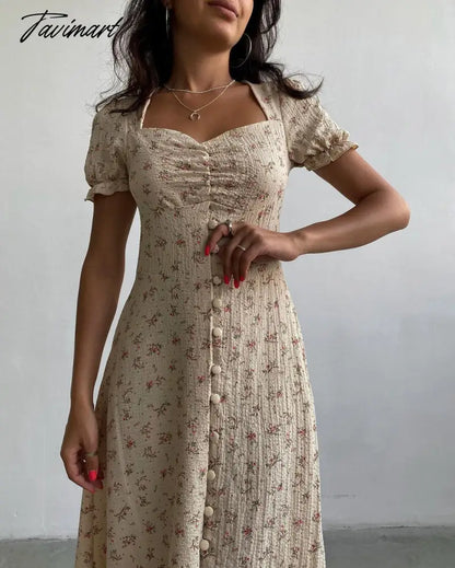 Dresses Floral Print Bubble Short Sleeve Vintage Print Women's Dress Square Neck A-Line Long Summer Dress Boho Festive Dres