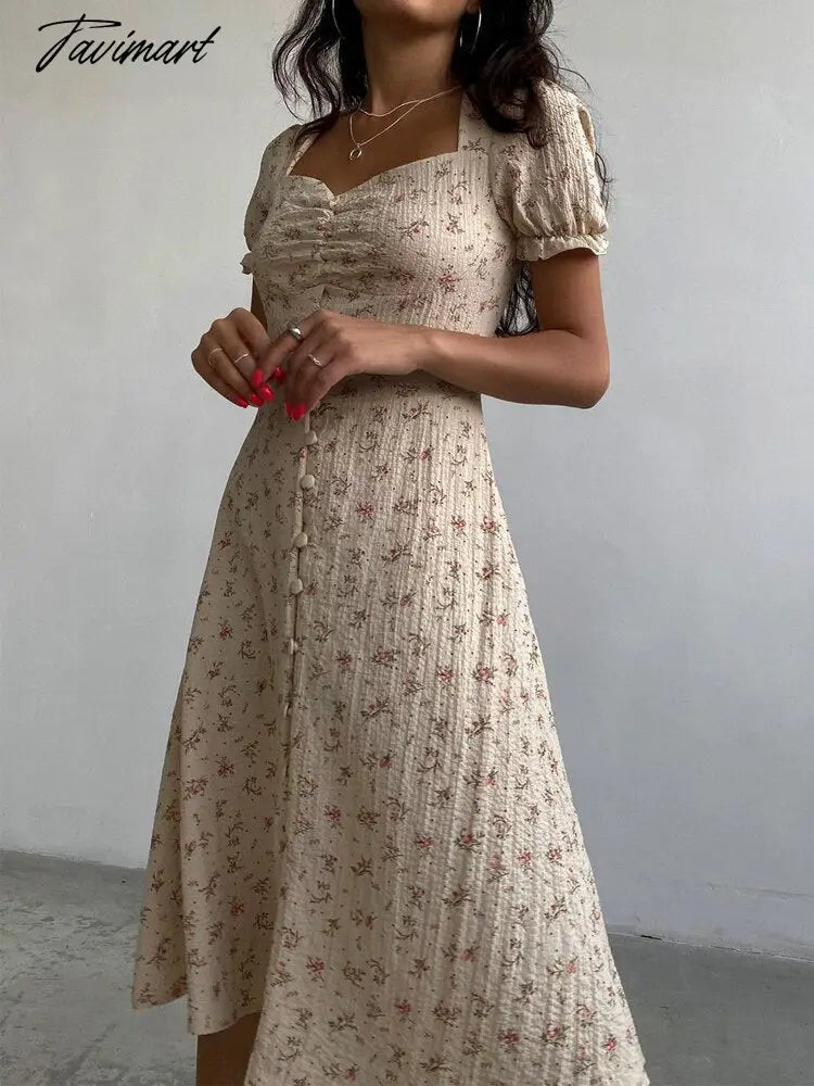 Dresses Floral Print Bubble Short Sleeve Vintage Print Women's Dress Square Neck A-Line Long Summer Dress Boho Festive Dres