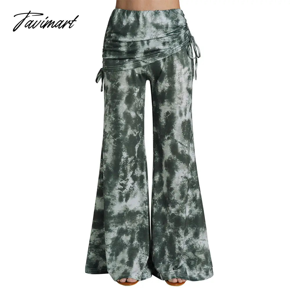 Dressfo Women High Waist Long Pants Spring Cinched Elastic Casual Pants Summer Tie Dye Wide Leg Pants For Female