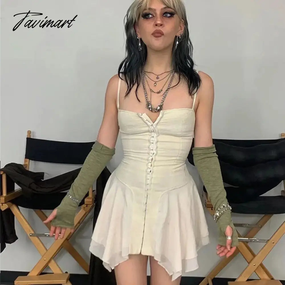 E-girl Aesthetics Cute Irregular Hem Backless Mini Dress Grunge Y2K Fairy Grunge Front Hook Closures White Cami Dress
