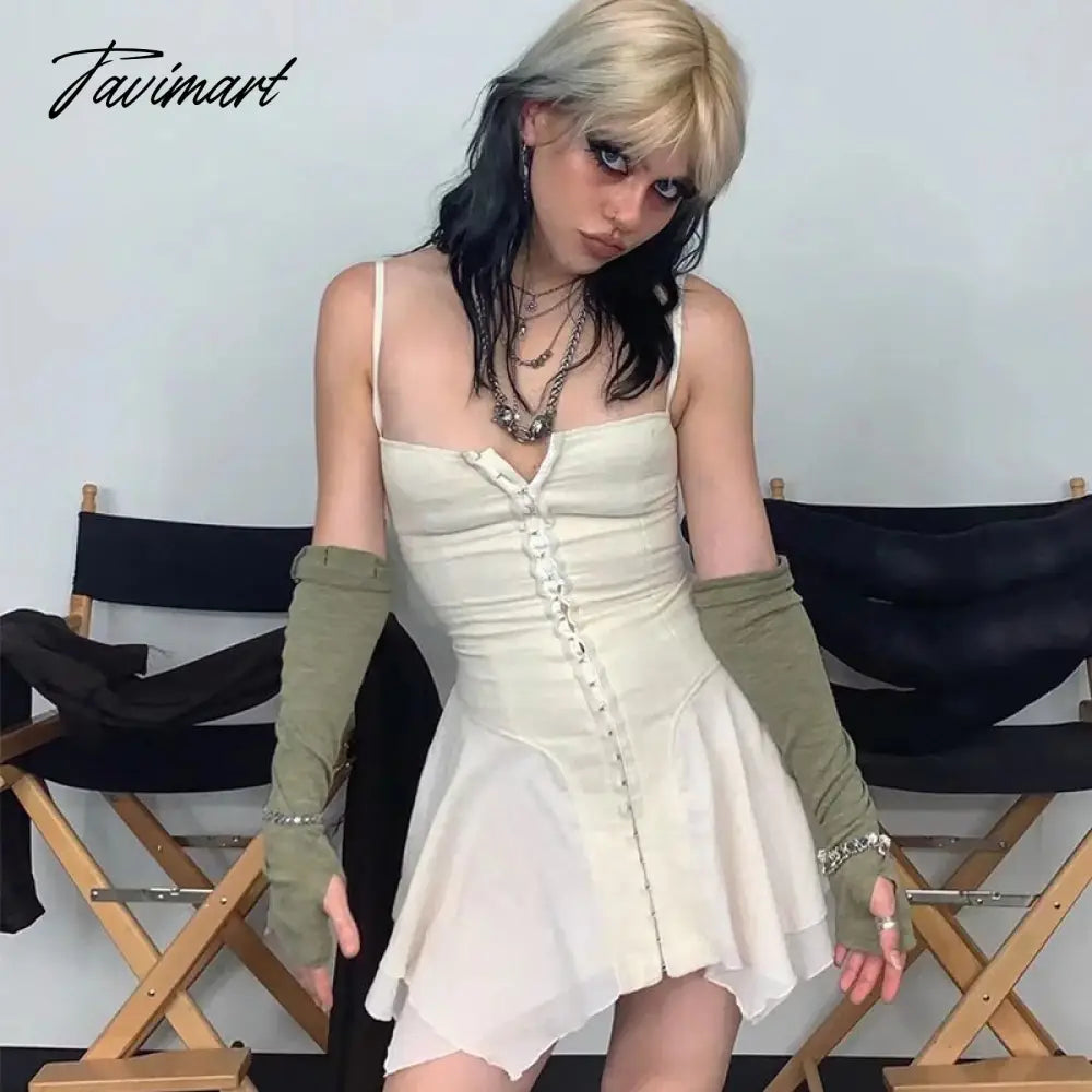 E-girl Aesthetics Cute Irregular Hem Backless Mini Dress Grunge Y2K Fairy Grunge Front Hook Closures White Cami Dress