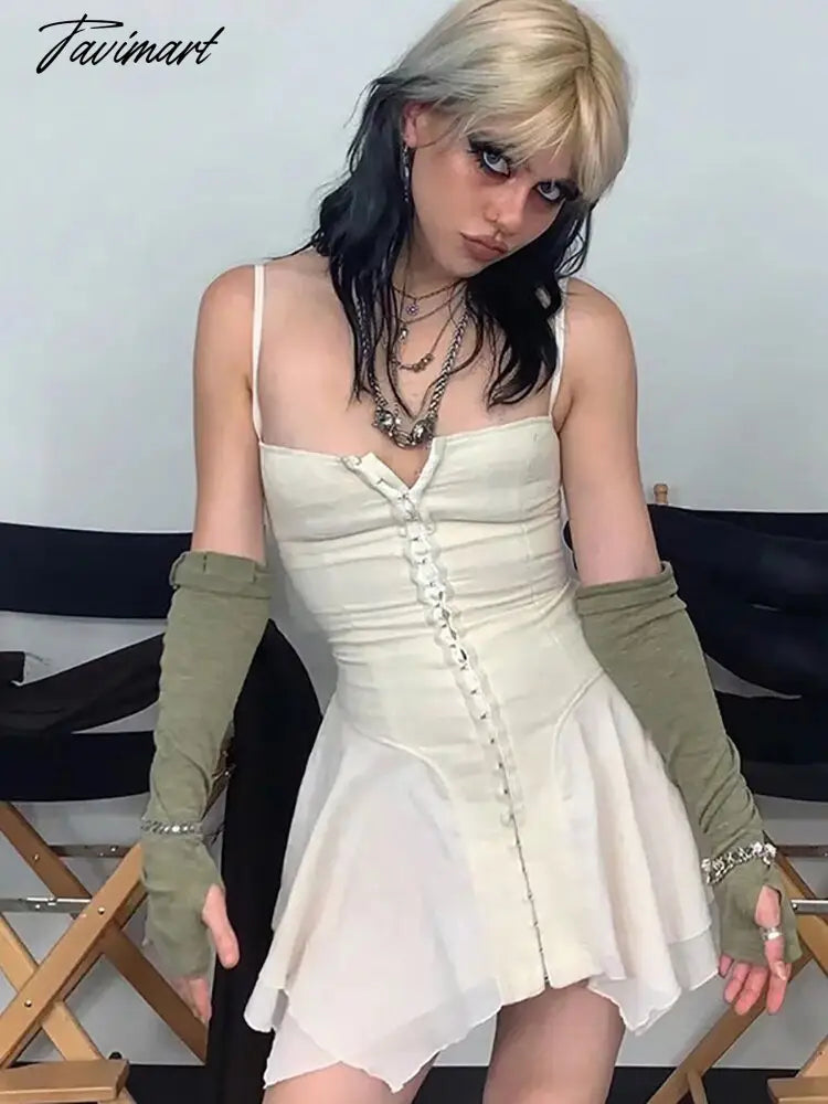 E-girl Aesthetics Cute Irregular Hem Backless Mini Dress Grunge Y2K Fairy Grunge Front Hook Closures White Cami Dress