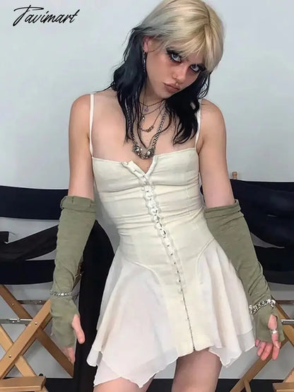 E-girl Aesthetics Cute Irregular Hem Backless Mini Dress Grunge Y2K Fairy Grunge Front Hook Closures White Cami Dress