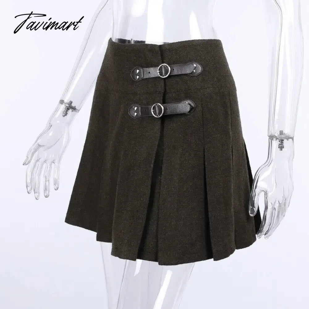 E-girl Black Skirt With Buckle Thick Woolen High Waist Pleated Mini Skirt Women EMO Punk Aesthetic Outfit