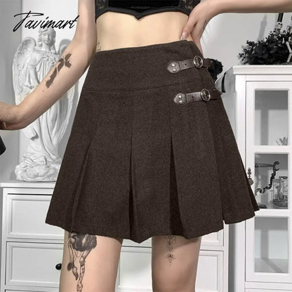 E-girl Black Skirt With Buckle Thick Woolen High Waist Pleated Mini Skirt Women EMO Punk Aesthetic Outfit
