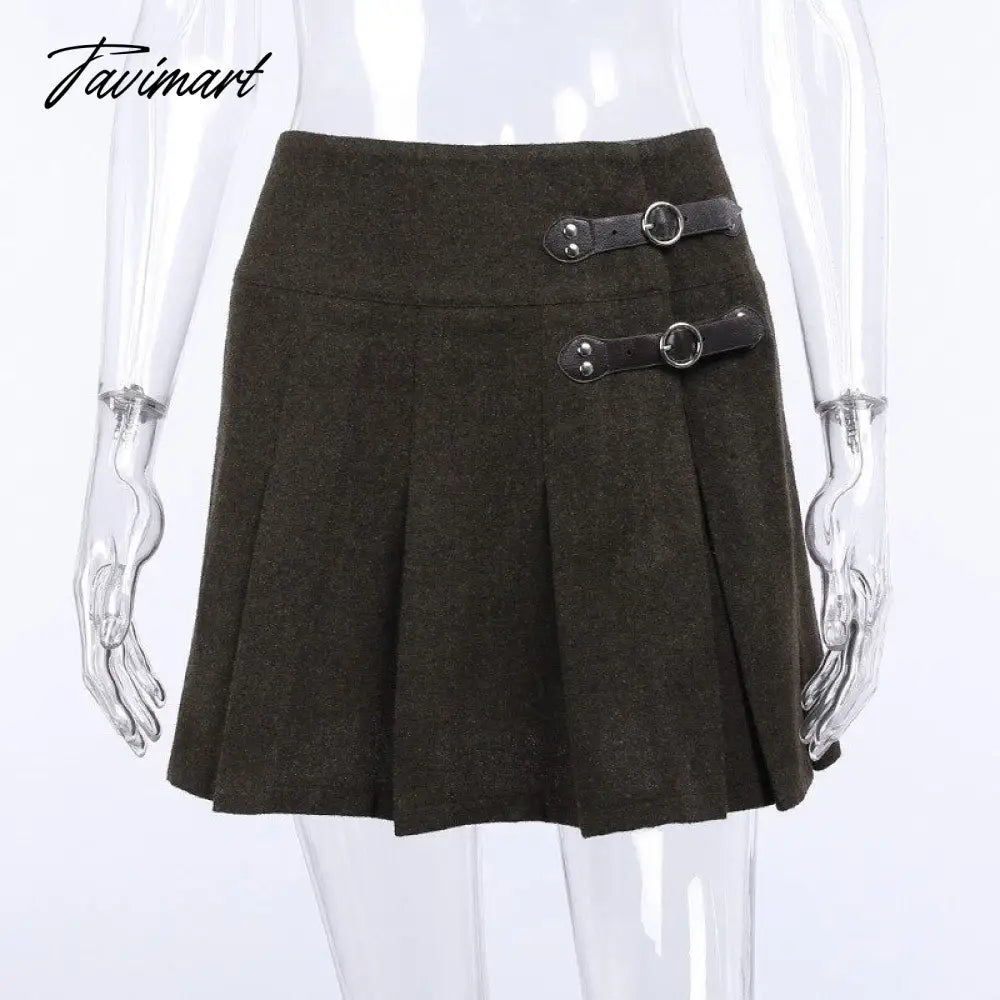E-girl Black Skirt With Buckle Thick Woolen High Waist Pleated Mini Skirt Women EMO Punk Aesthetic Outfit