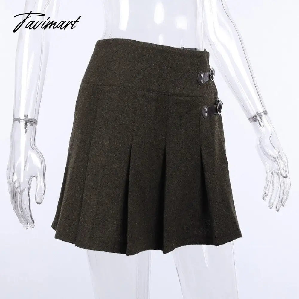 E-girl Black Skirt With Buckle Thick Woolen High Waist Pleated Mini Skirt Women EMO Punk Aesthetic Outfit