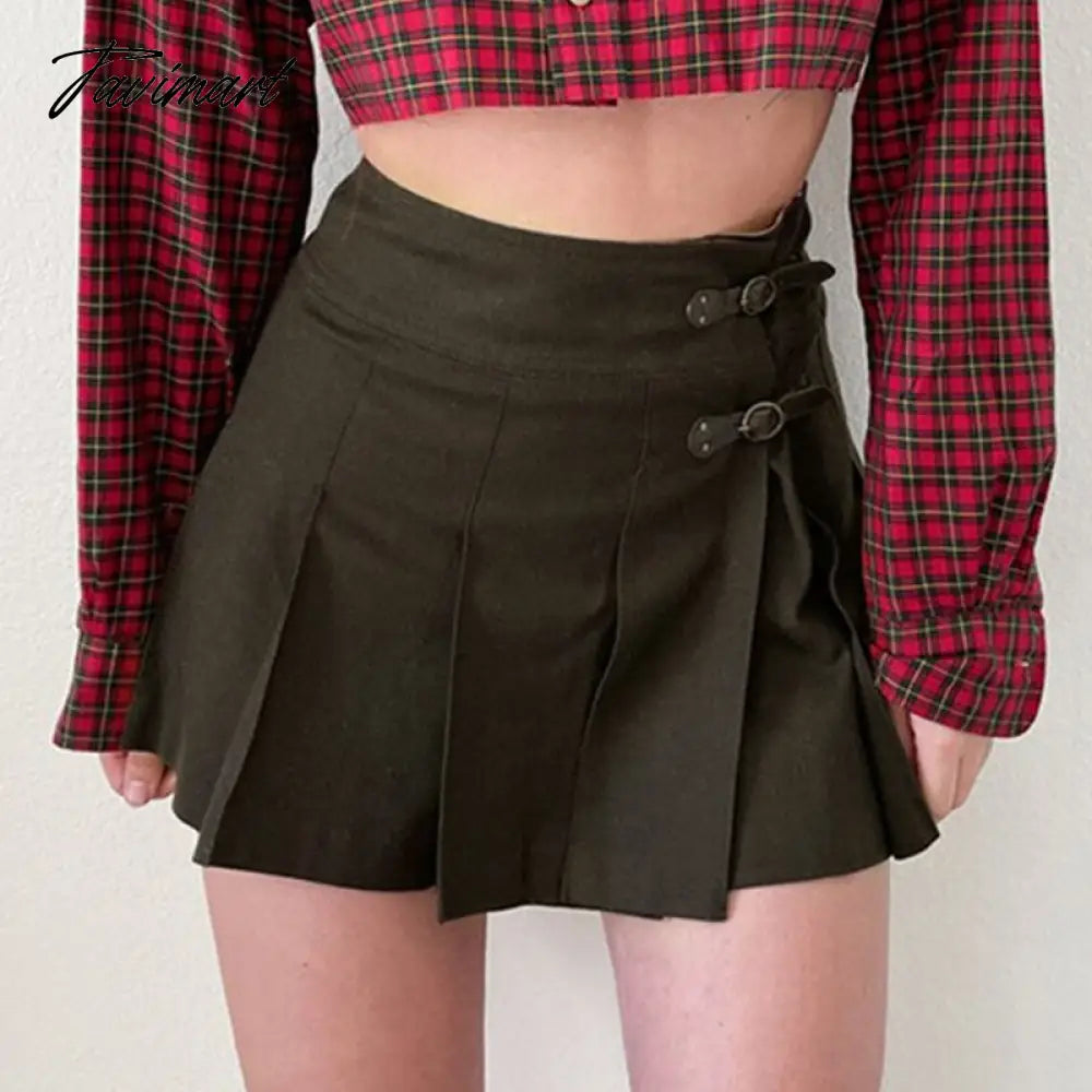 E-girl Black Skirt With Buckle Thick Woolen High Waist Pleated Mini Skirt Women EMO Punk Aesthetic Outfit