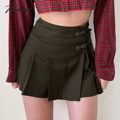 E-girl Black Skirt With Buckle Thick Woolen High Waist Pleated Mini Skirt Women EMO Punk Aesthetic Outfit