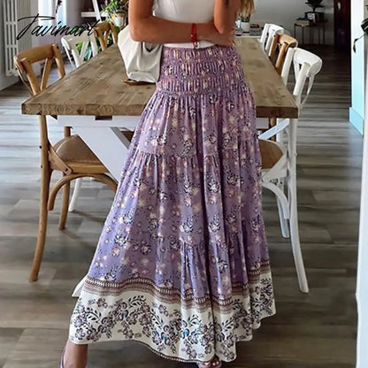Elastic Waist Women Midi Loose Skirts Casual Female Holiday High Waist Print Skirts Streetwear Vintage Long Skirt With Ruffles
