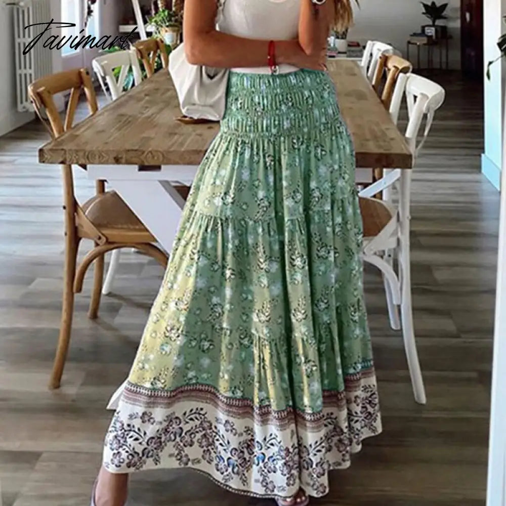 Elastic Waist Women Midi Loose Skirts Casual Female Holiday High Waist Print Skirts Streetwear Vintage Long Skirt With Ruffles