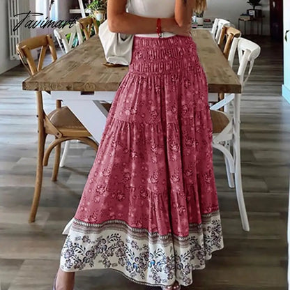 Elastic Waist Women Midi Loose Skirts Casual Female Holiday High Waist Print Skirts Streetwear Vintage Long Skirt With Ruffles
