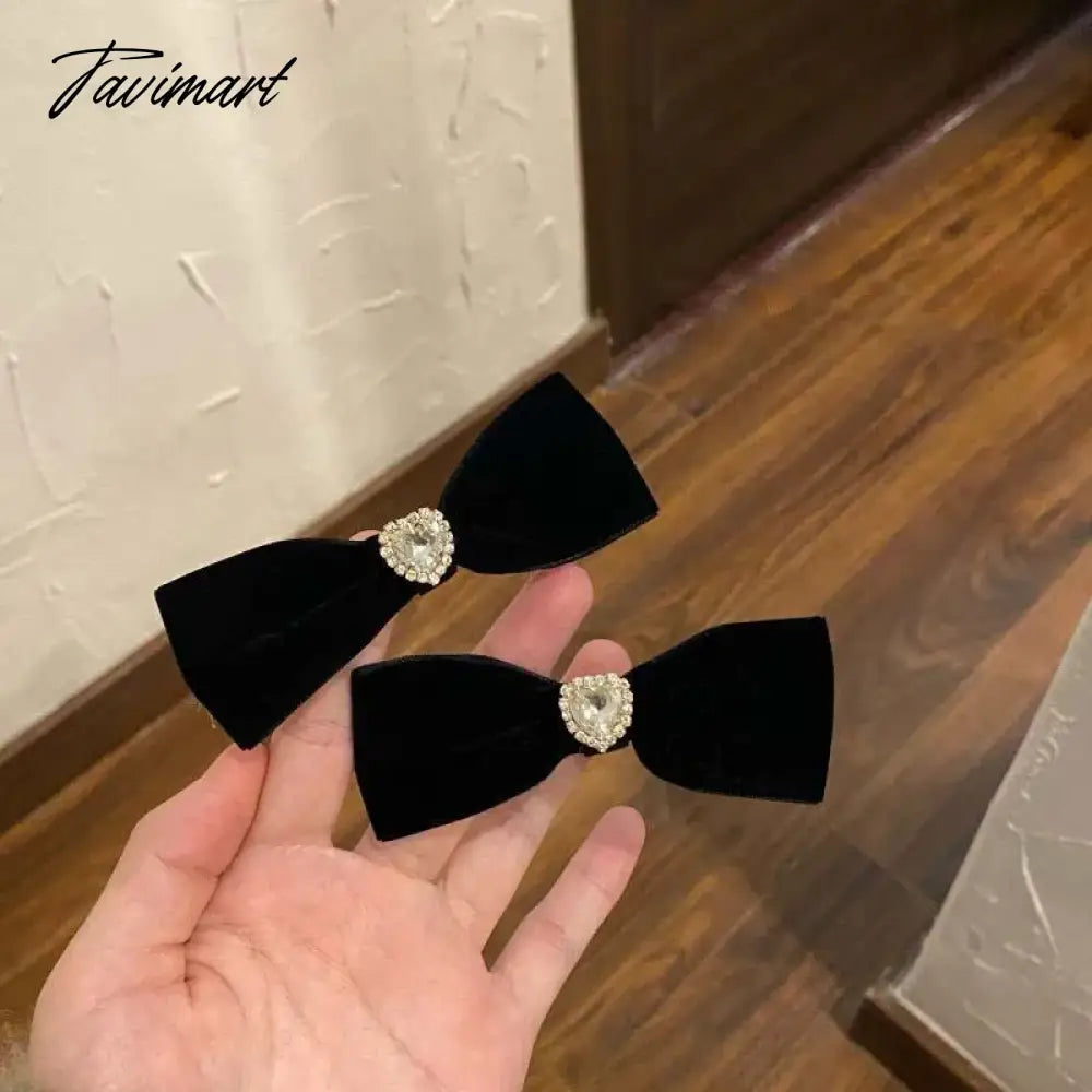 Elegant Black Velvet Camellia Hair Clip Rhinestone Bowknot Spring Clip Women Korean Hair Styling Barrettes Ribbon Bow Hairpins