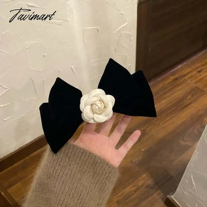 Elegant Black Velvet Camellia Hair Clip Rhinestone Bowknot Spring Clip Women Korean Hair Styling Barrettes Ribbon Bow Hairpins