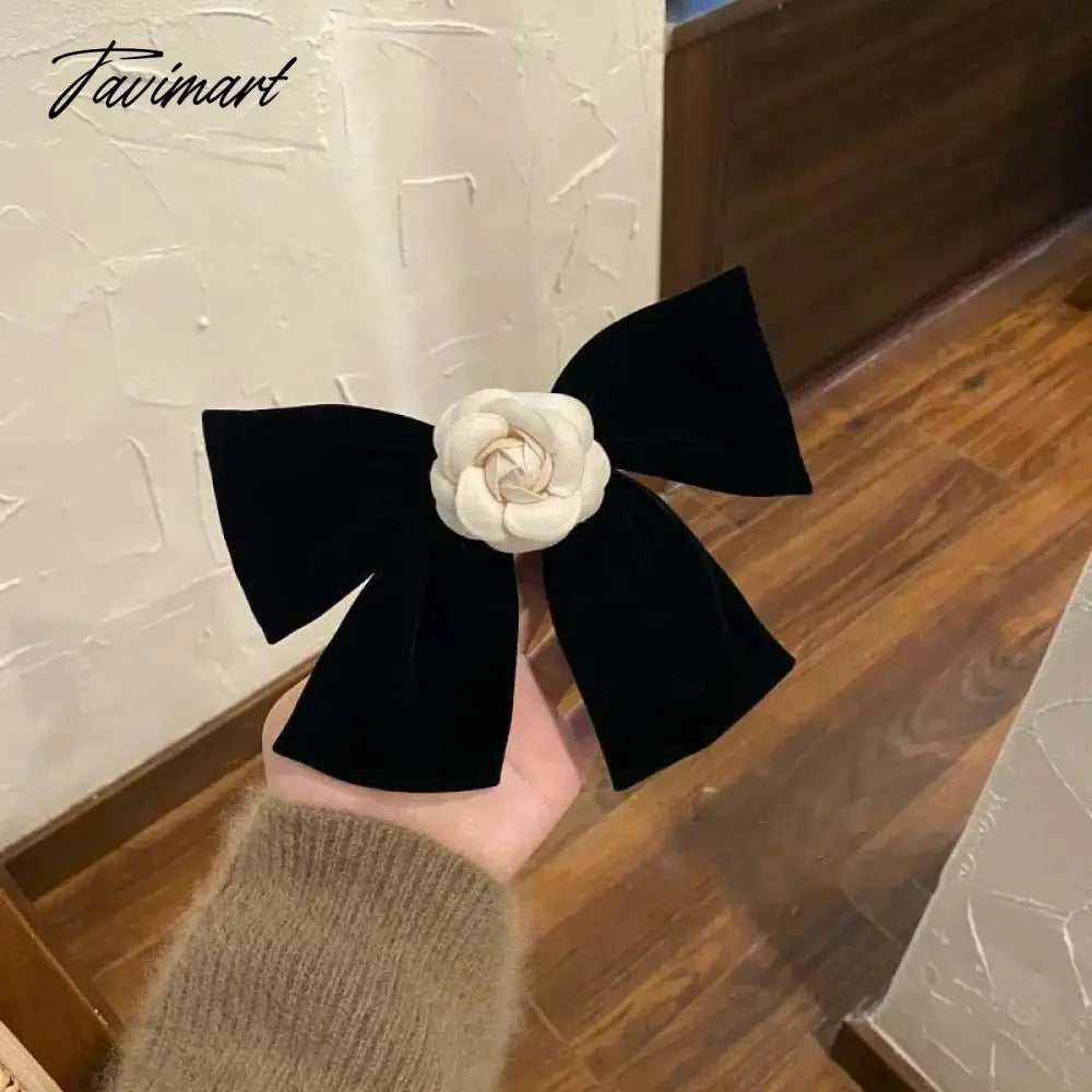Elegant Black Velvet Camellia Hair Clip Rhinestone Bowknot Spring Clip Women Korean Hair Styling Barrettes Ribbon Bow Hairpins