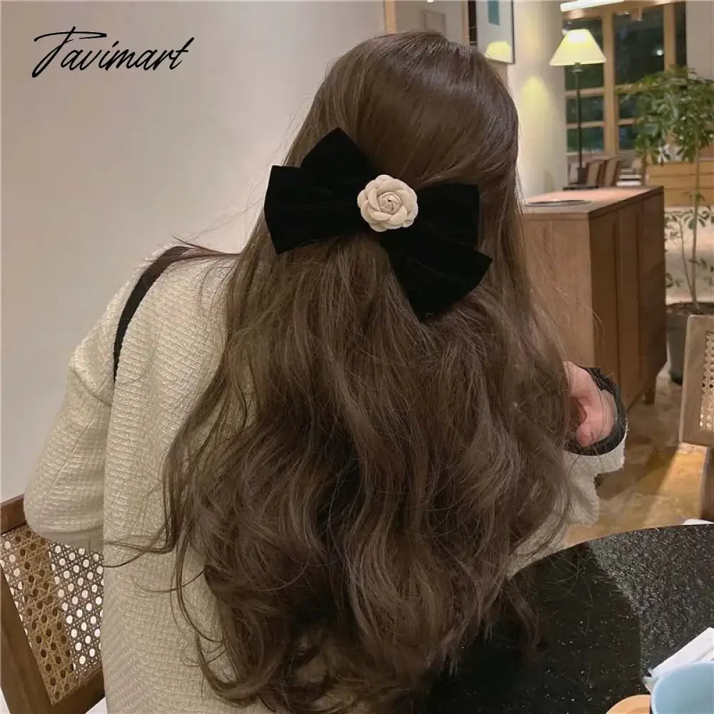 Elegant Black Velvet Camellia Hair Clip Rhinestone Bowknot Spring Clip Women Korean Hair Styling Barrettes Ribbon Bow Hairpins