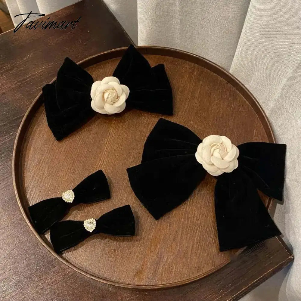 Elegant Black Velvet Camellia Hair Clip Rhinestone Bowknot Spring Clip Women Korean Hair Styling Barrettes Ribbon Bow Hairpins