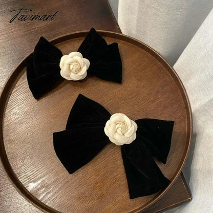 Elegant Black Velvet Camellia Hair Clip Rhinestone Bowknot Spring Clip Women Korean Hair Styling Barrettes Ribbon Bow Hairpins