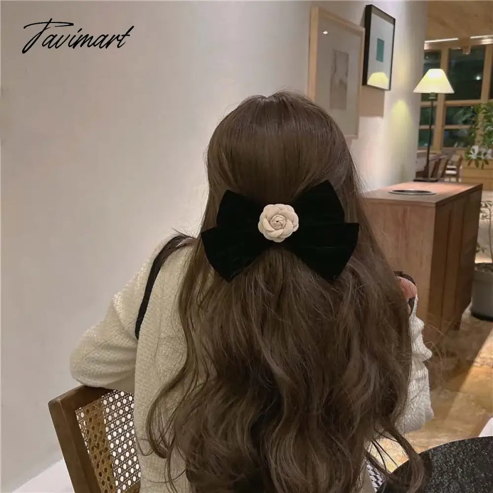 Elegant Black Velvet Camellia Hair Clip Rhinestone Bowknot Spring Clip Women Korean Hair Styling Barrettes Ribbon Bow Hairpins