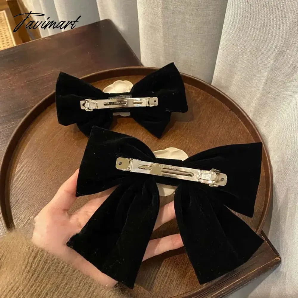 Elegant Black Velvet Camellia Hair Clip Rhinestone Bowknot Spring Clip Women Korean Hair Styling Barrettes Ribbon Bow Hairpins
