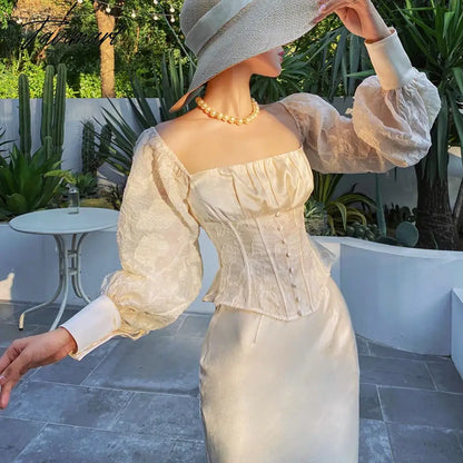Elegant Champagne Off-shoulder Lace Eveing Party Dress 2Piece Strapless Bubble Sleeve Top Separate from Dress for Women
