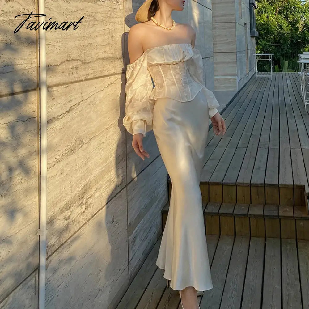 Elegant Champagne Off-shoulder Lace Eveing Party Dress 2Piece Strapless Bubble Sleeve Top Separate from Dress for Women