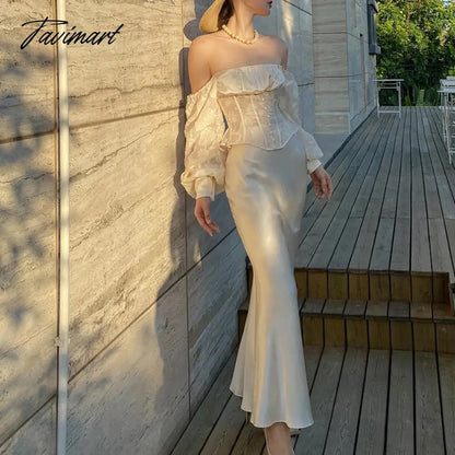 Elegant Champagne Off-shoulder Lace Eveing Party Dress 2Piece Strapless Bubble Sleeve Top Separate from Dress for Women