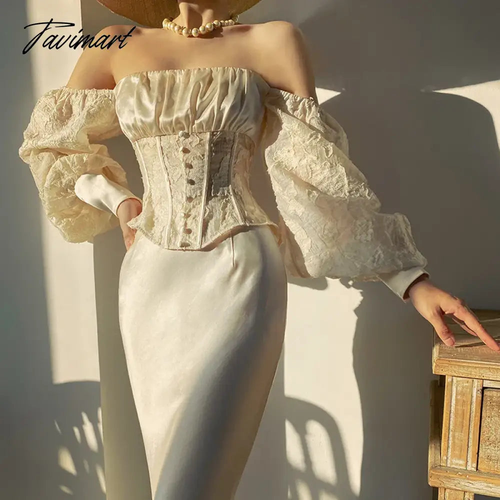 Elegant Champagne Off-shoulder Lace Eveing Party Dress 2Piece Strapless Bubble Sleeve Top Separate from Dress for Women