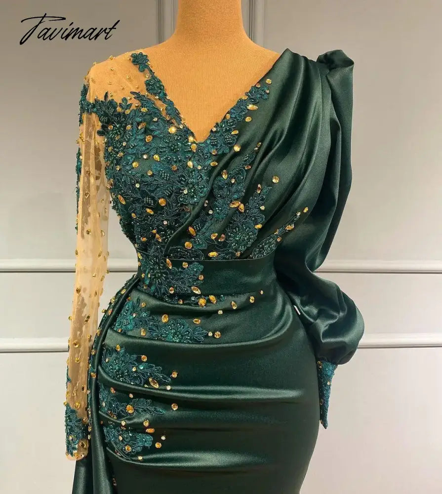 Elegant Dark Green Mermaid Evening Dresses V Neck Long Sleeves Ruched Lace Applique Satin Beading Formal Wedding Prom Gowns 2024