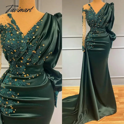 Elegant Dark Green Mermaid Evening Dresses V Neck Long Sleeves Ruched Lace Applique Satin Beading Formal Wedding Prom Gowns 2024