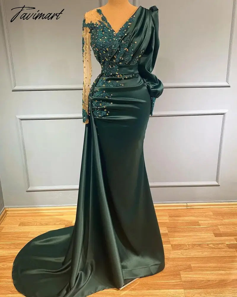 Elegant Dark Green Mermaid Evening Dresses V Neck Long Sleeves Ruched Lace Applique Satin Beading Formal Wedding Prom Gowns 2024