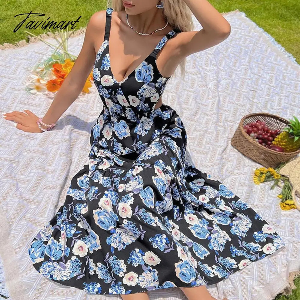 Elegant Floral Print Dress for Women Summer Dresses New V-neck Waistless Backless Hollow Out Midi Skinny Slip Dress