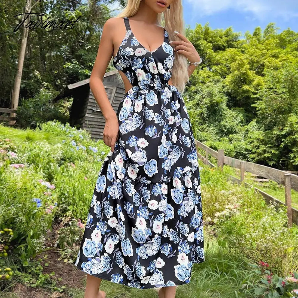 Elegant Floral Print Dress for Women Summer Dresses New V-neck Waistless Backless Hollow Out Midi Skinny Slip Dress
