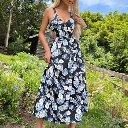 Elegant Floral Print Dress for Women Summer Dresses New V-neck Waistless Backless Hollow Out Midi Skinny Slip Dress