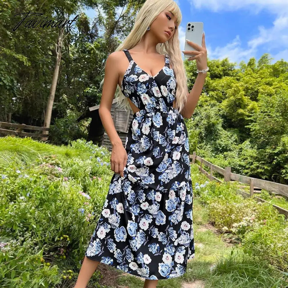 Elegant Floral Print Dress for Women Summer Dresses New V-neck Waistless Backless Hollow Out Midi Skinny Slip Dress