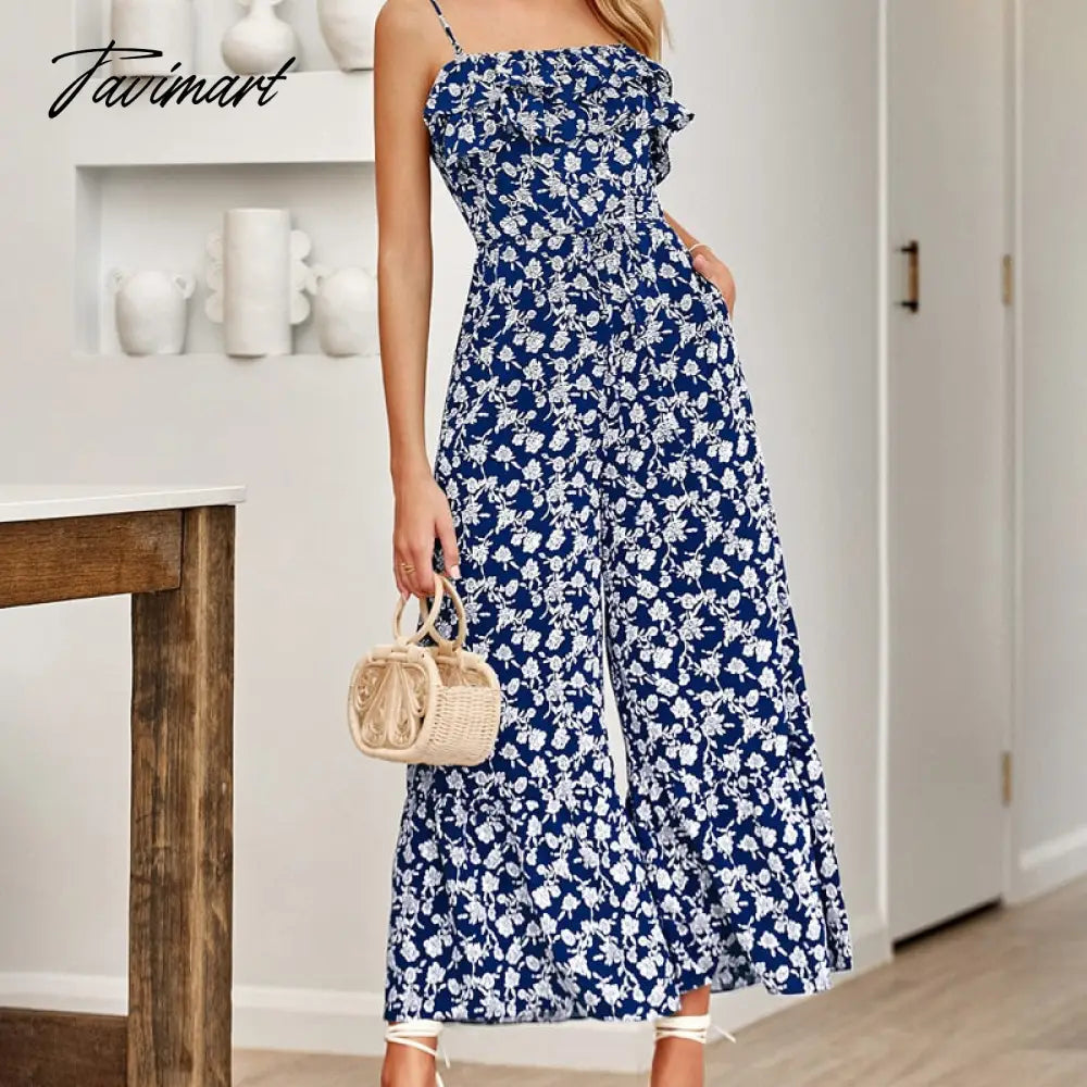 Elegant Floral Strap Jumpsuit for Summer Women Rompers New Sexy Sleeveless Ruffle High Waist Strap Print Jumpsuits