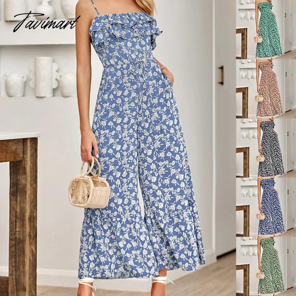 Elegant Floral Strap Jumpsuit for Summer Women Rompers New Sexy Sleeveless Ruffle High Waist Strap Print Jumpsuits