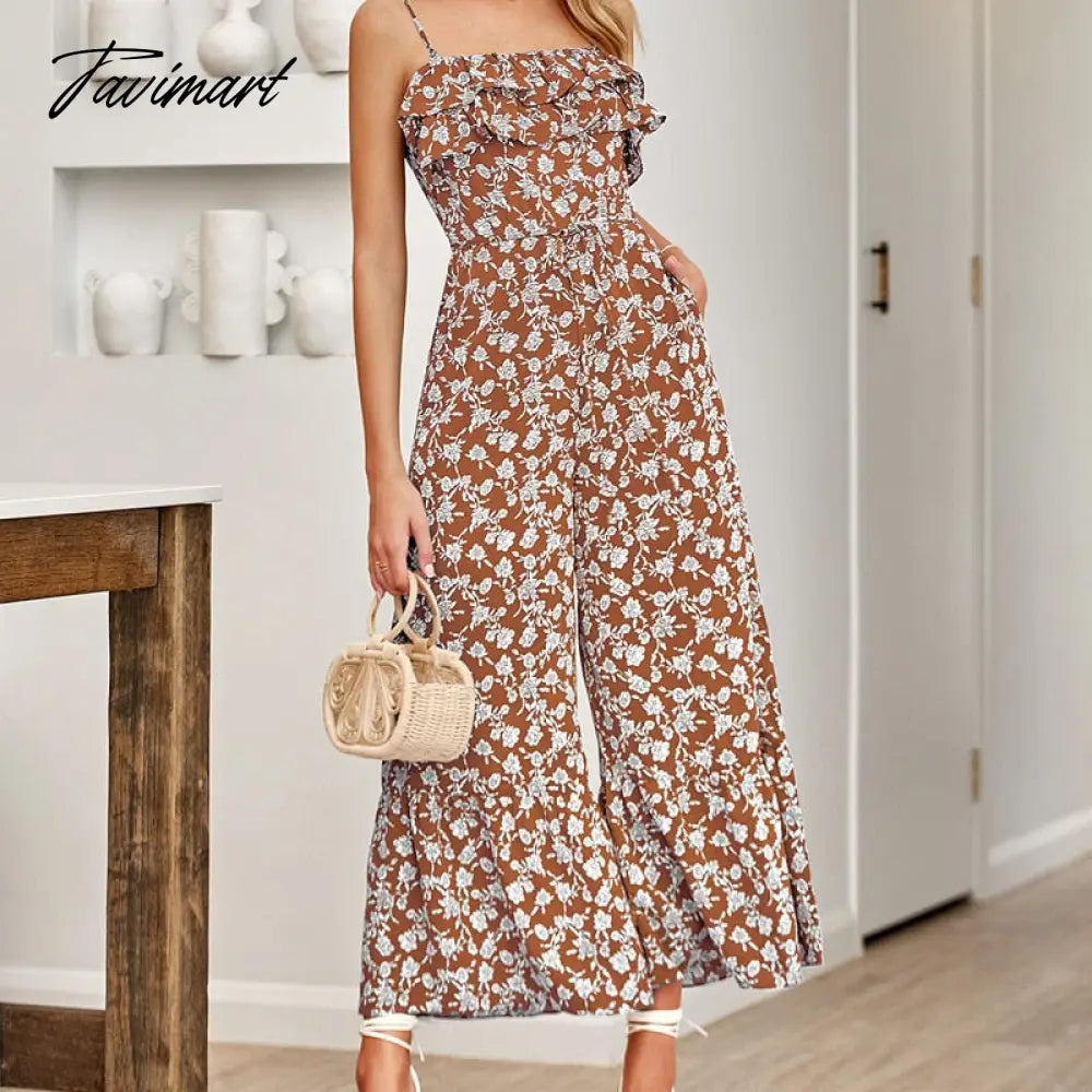Elegant Floral Strap Jumpsuit for Summer Women Rompers New Sexy Sleeveless Ruffle High Waist Strap Print Jumpsuits