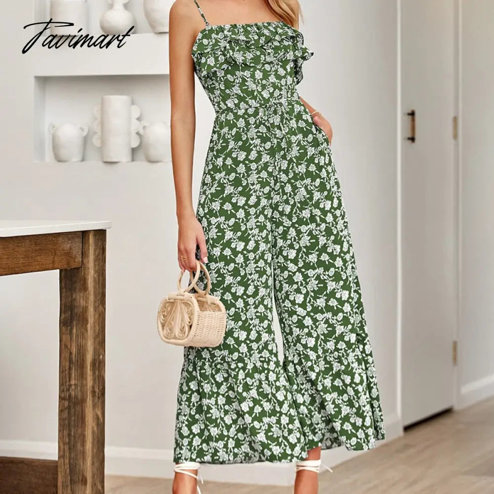 Elegant Floral Strap Jumpsuit for Summer Women Rompers New Sexy Sleeveless Ruffle High Waist Strap Print Jumpsuits