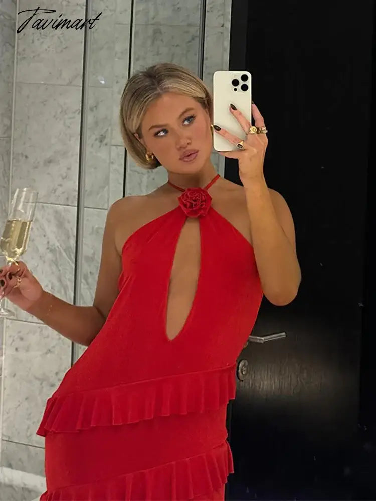 Elegant Hollowed-out Halter Ruffled Dresses For Women Sexy Backless Off Shoulder Slim Dress Female Nightclub Evening Robes