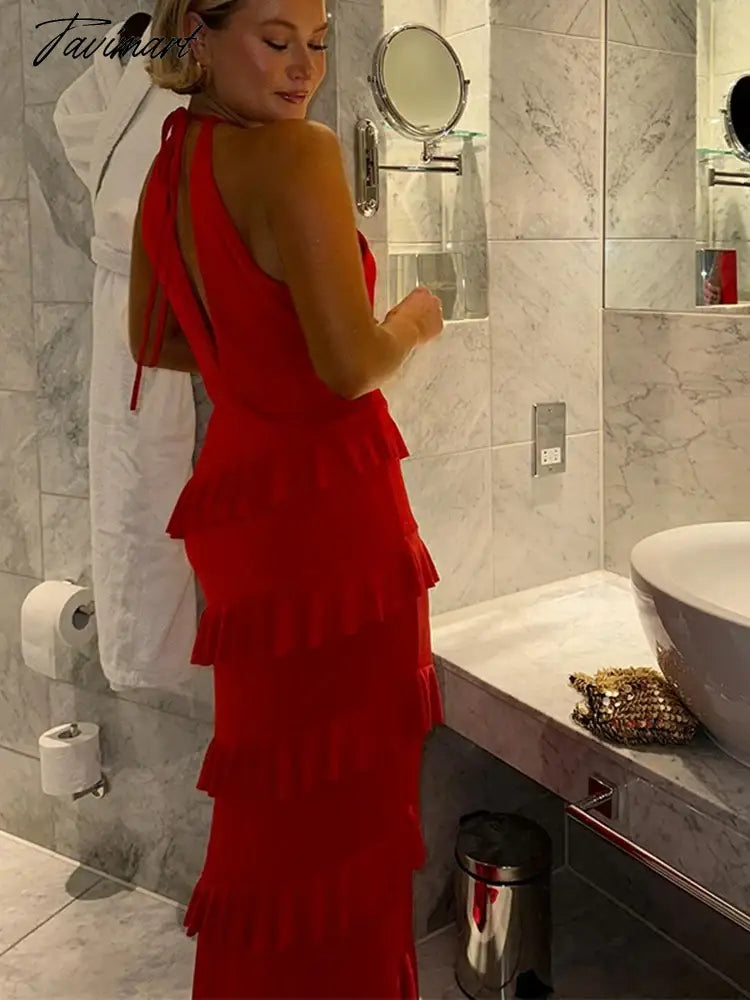 Elegant Hollowed-out Halter Ruffled Dresses For Women Sexy Backless Off Shoulder Slim Dress Female Nightclub Evening Robes