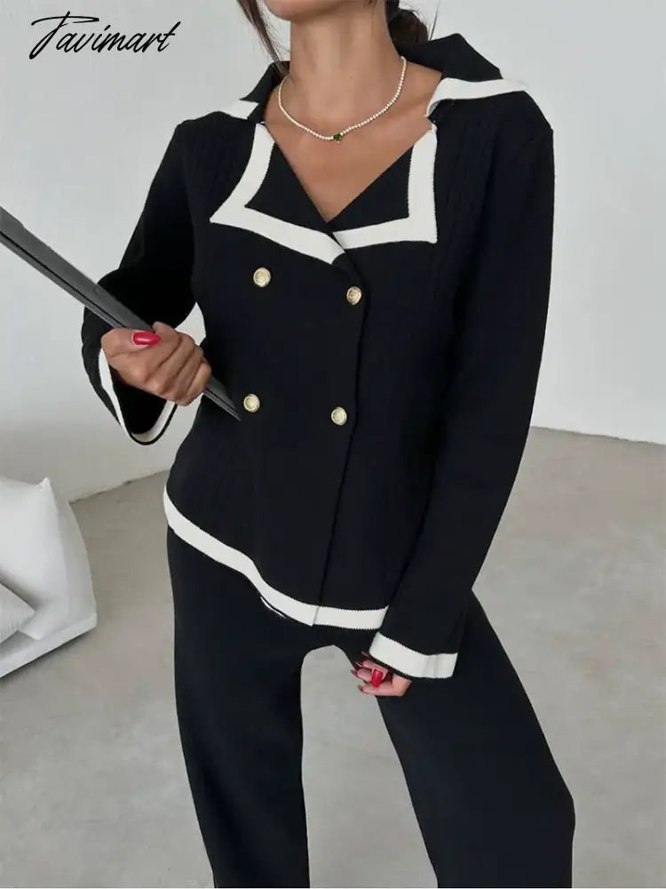 Elegant Knitted Blazer Set Women Black White Winter Tracksuit Women Two Piece Set 2 Piece Matching Pants Sets For Women