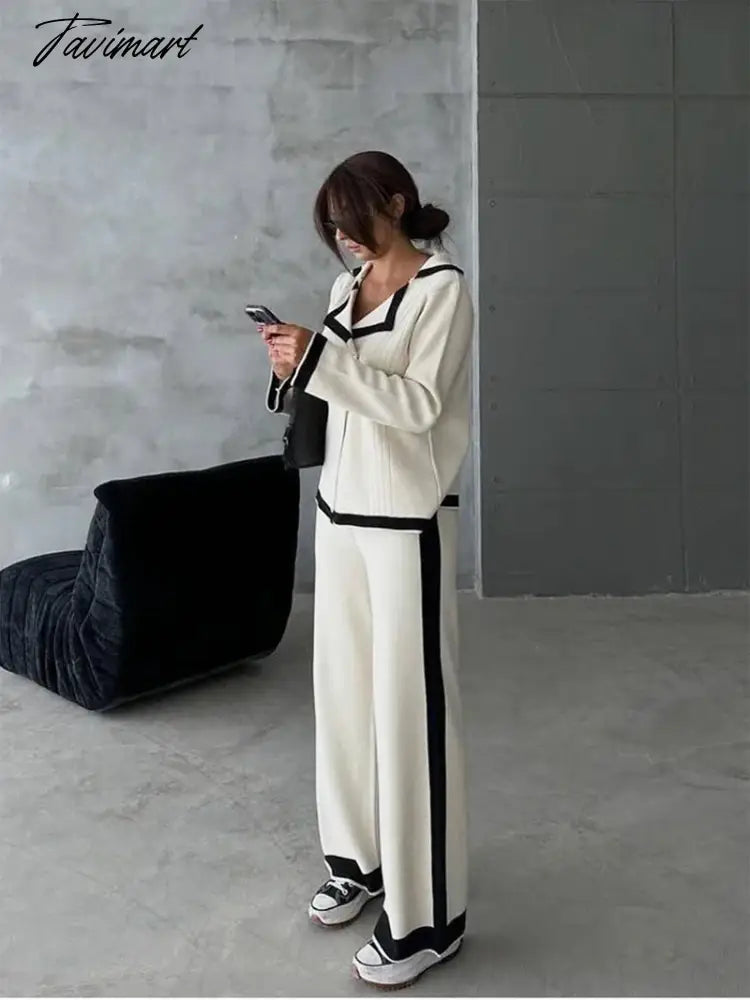 Elegant Knitted Blazer Set Women Black White Winter Tracksuit Women Two Piece Set 2 Piece Matching Pants Sets For Women