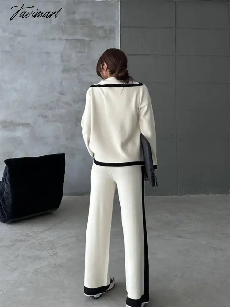 Elegant Knitted Blazer Set Women Black White Winter Tracksuit Women Two Piece Set 2 Piece Matching Pants Sets For Women
