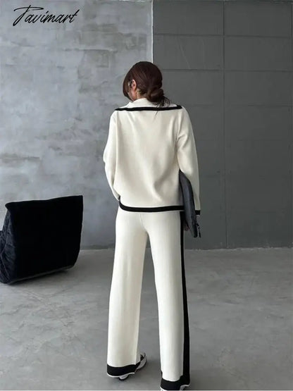Elegant Knitted Blazer Set Women Black White Winter Tracksuit Women Two Piece Set 2 Piece Matching Pants Sets For Women