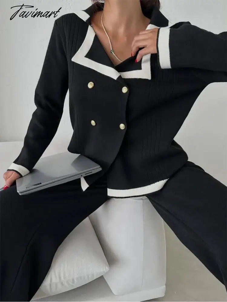 Elegant Knitted Blazer Set Women Black White Winter Tracksuit Women Two Piece Set 2 Piece Matching Pants Sets For Women